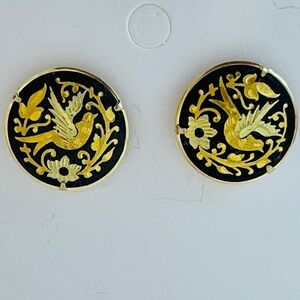 Vintage Earrings Black and Gold Enamel Birds